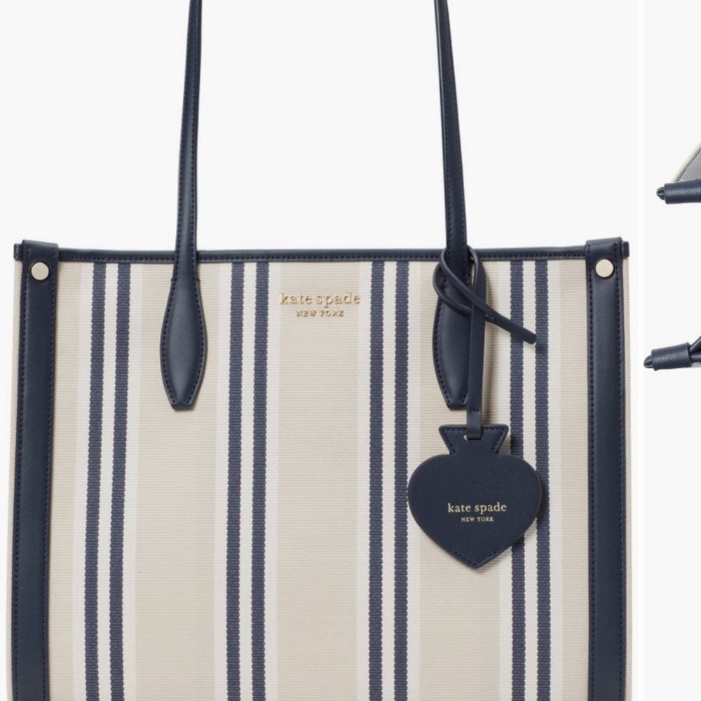 kate spade Blue and Cream Tote Bag with Vertical Stripes and Leather Straps